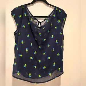 Hollister SIZE L Sheer Navy Blue Floral Blouse w/ Small Blue/Green Flowers!